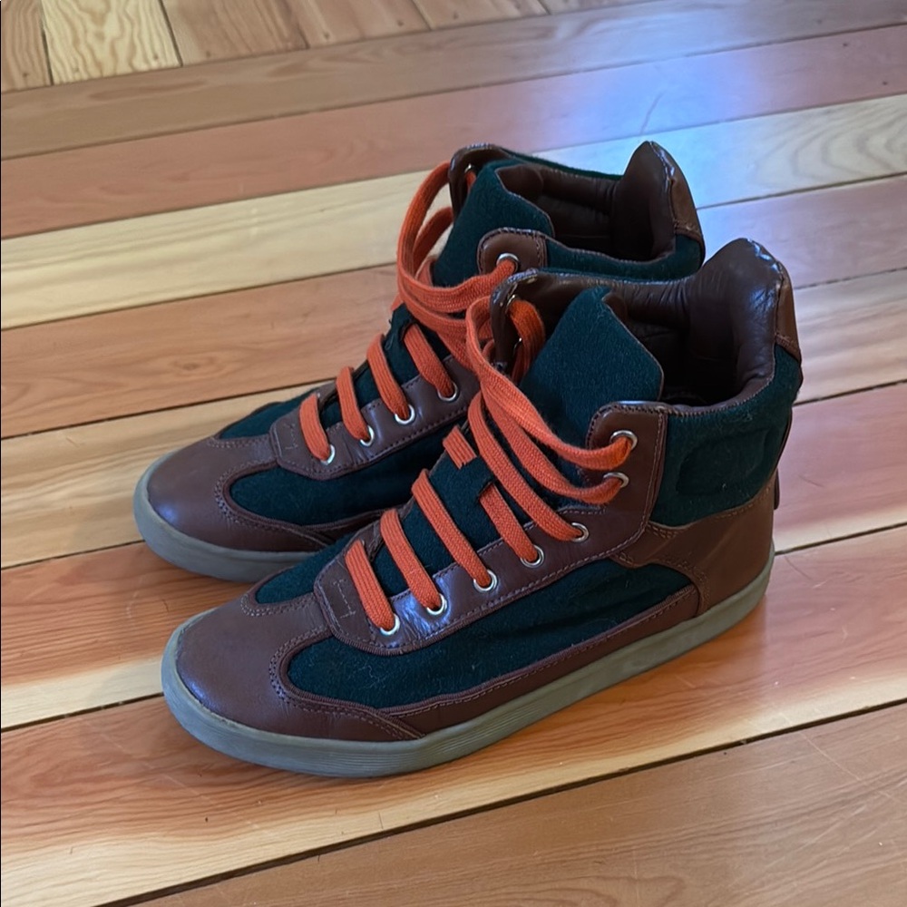 Tory Burch Brown and Green Leather High-Top Sneakers